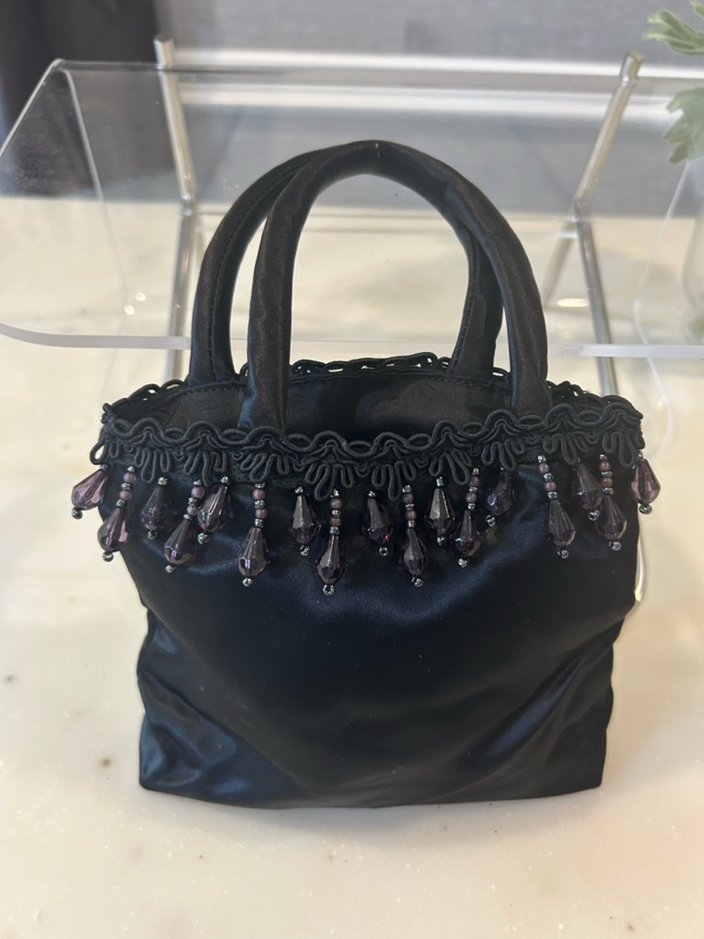 Vintage Black Beaded Fringe Satin Mini Tote - Unbranded